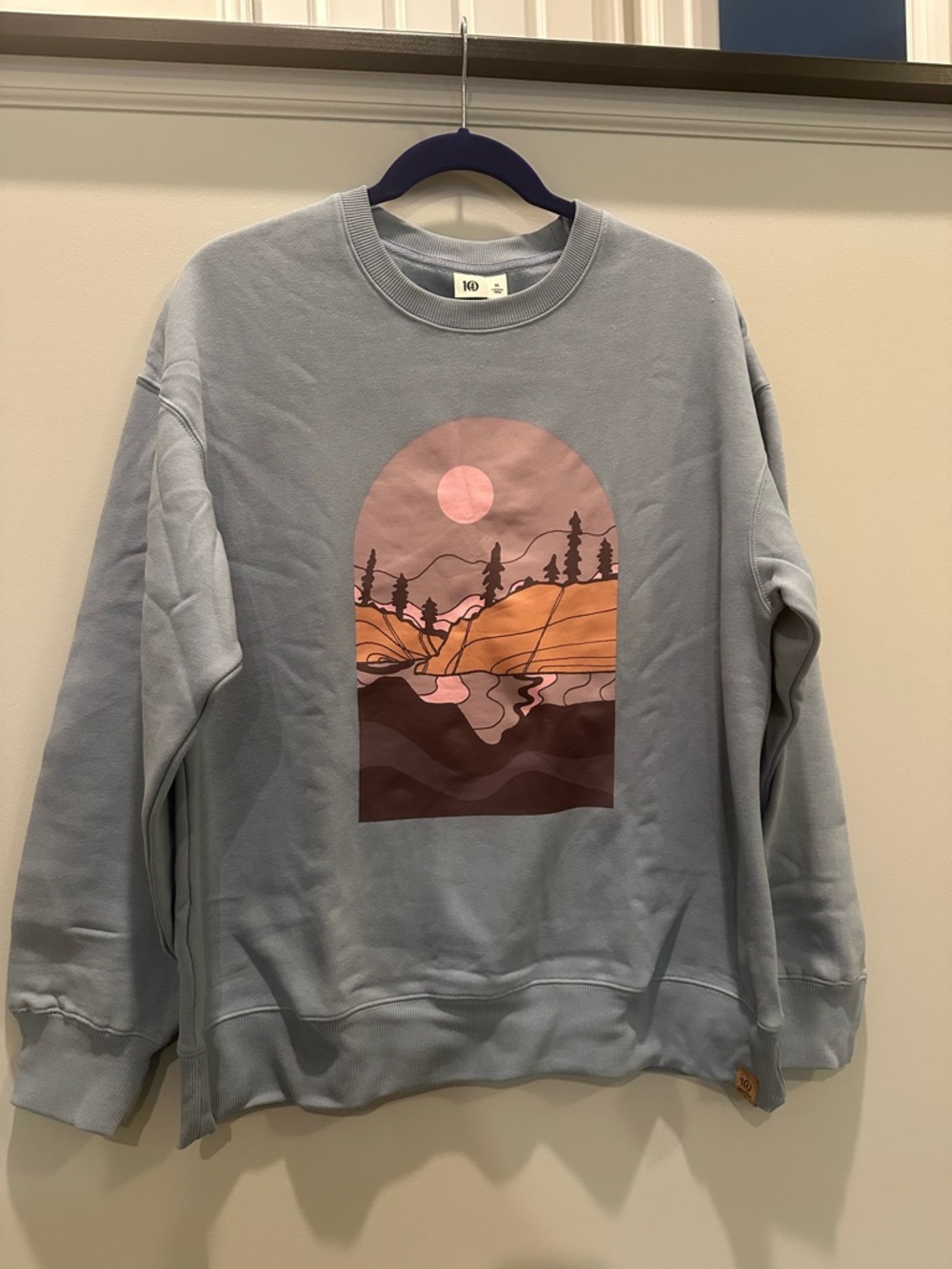 tentree Light Blue Crewneck Sweatshirt with Sunset Landscape Graphic